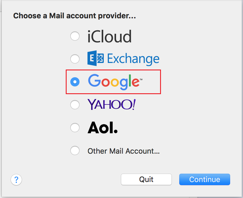 Choose a Mail account provider window with Google option circled