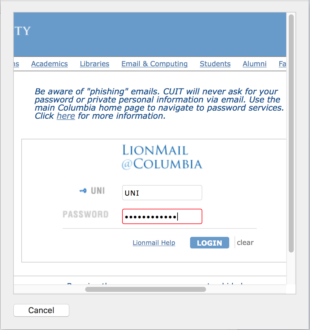 UNI and password fields completed in the LionMail at Columbia portal