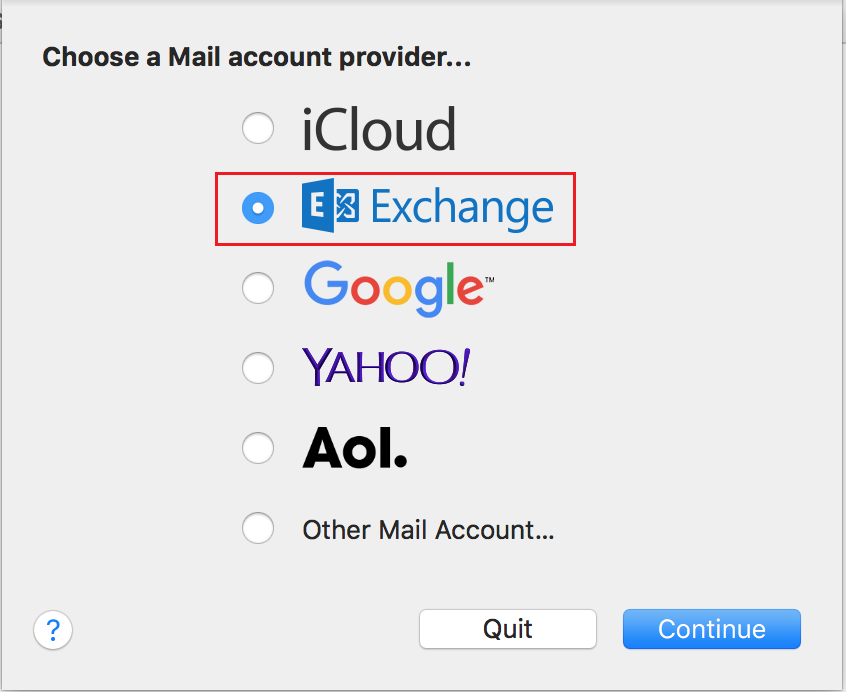 Choose a Mail account provider box, Exchange option circled