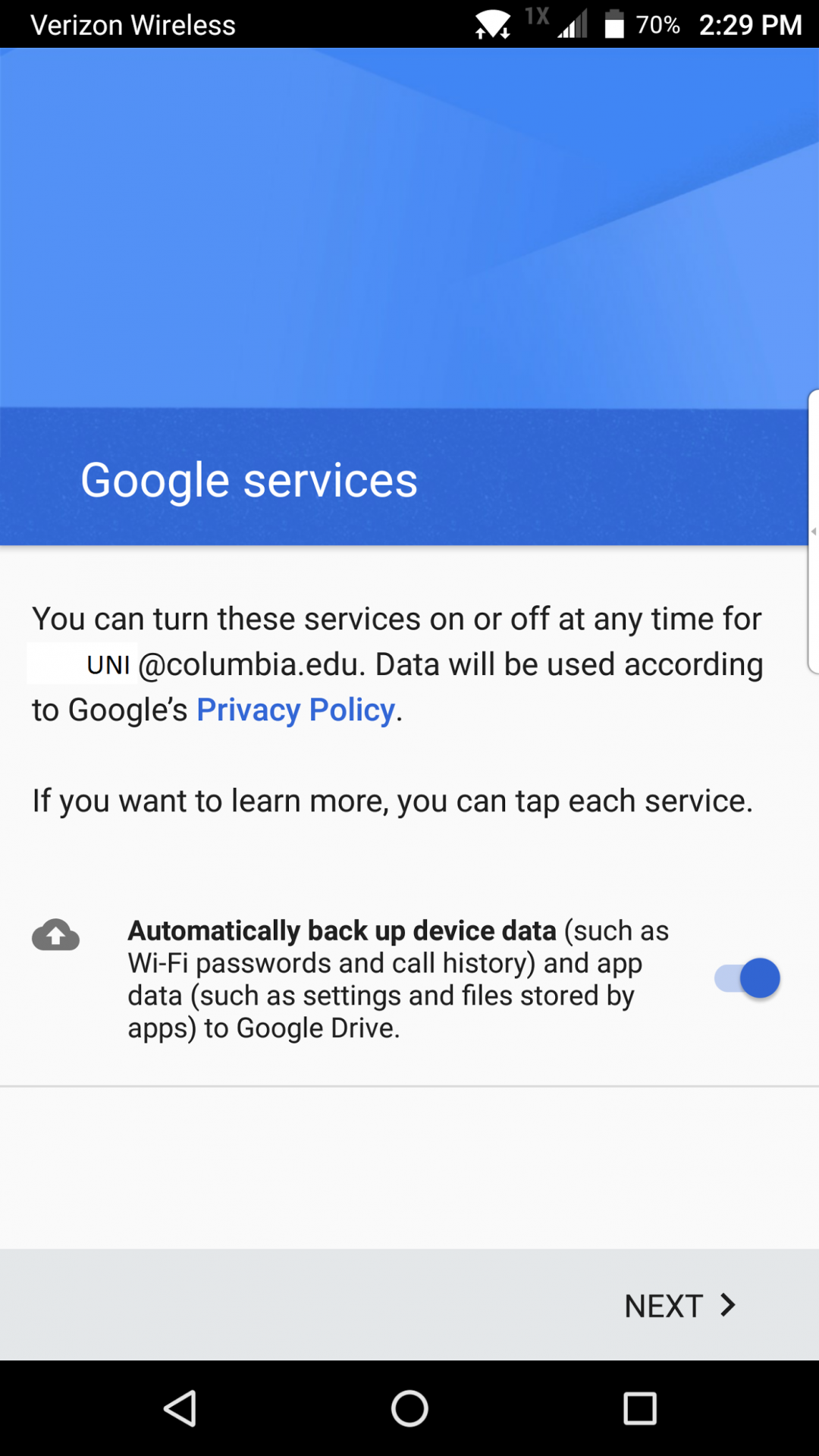 Google services screen