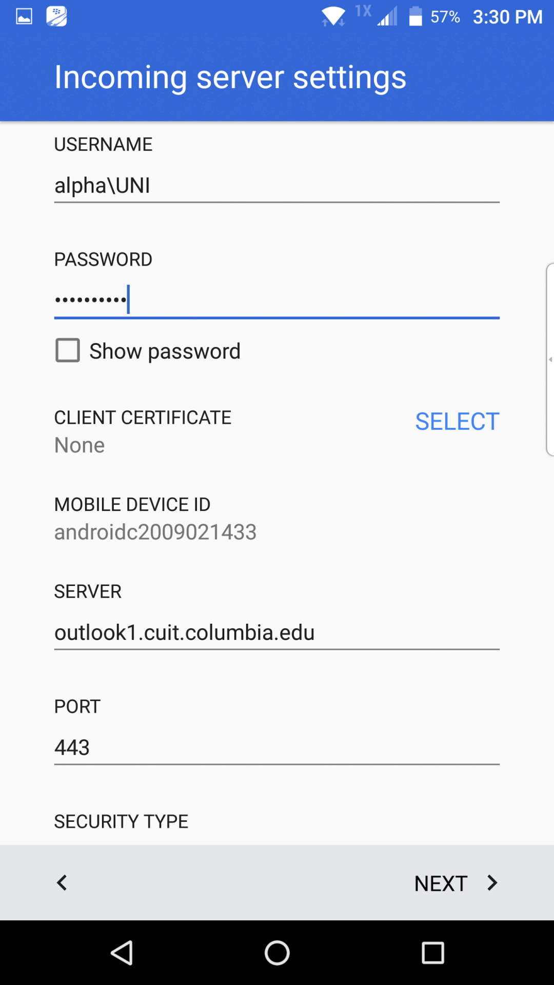 alpha\uni entered as username, password entered in password field