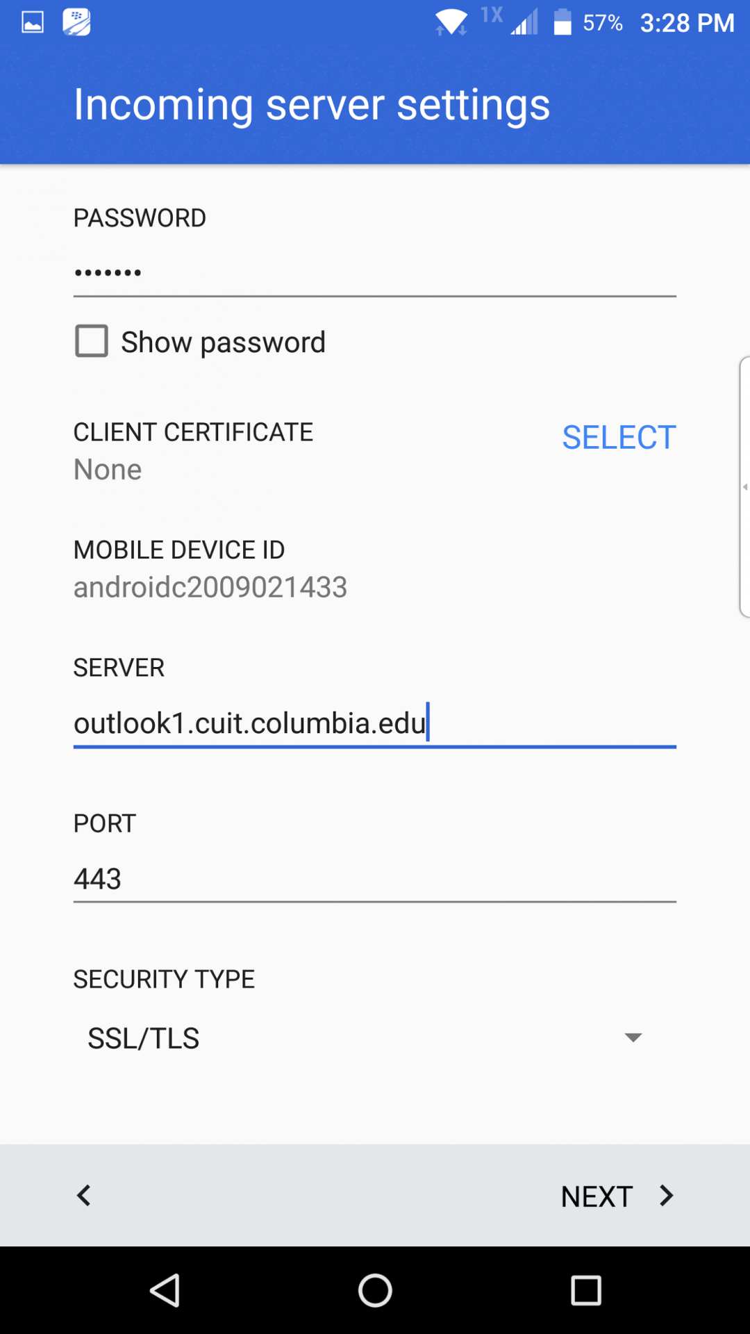 Server, port and security type entered