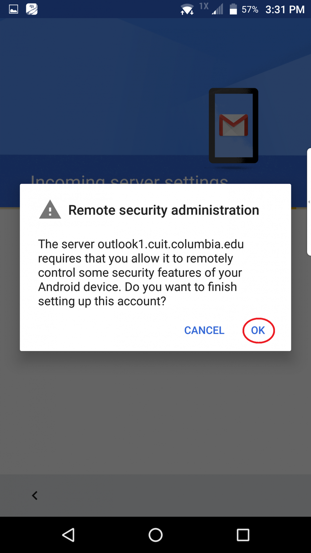 Remote security administration pop-up, OK circled