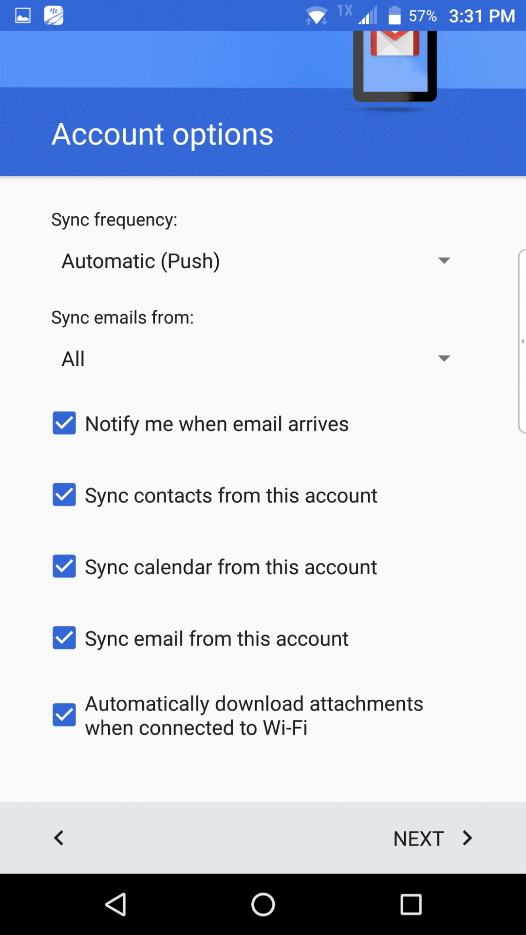 Account options screen