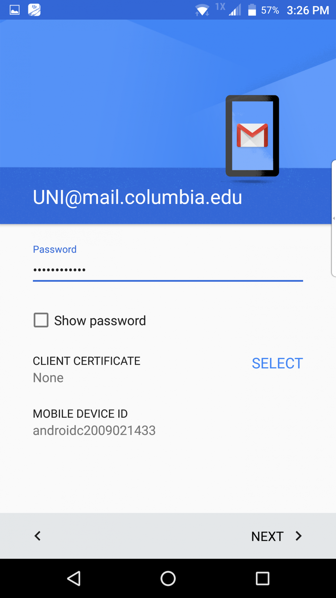 uni@columbia.edu entered in email field