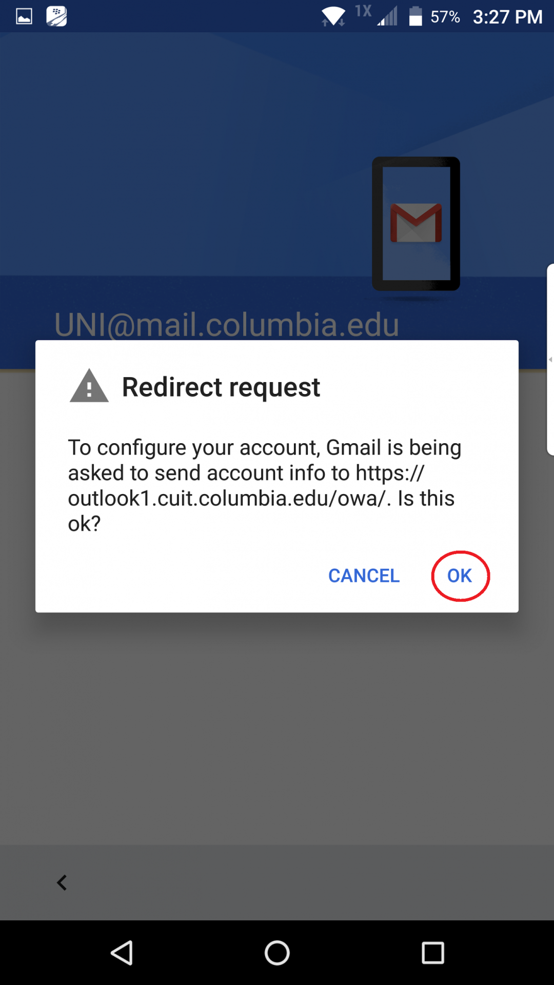 OK circled on Redirect request pop-up