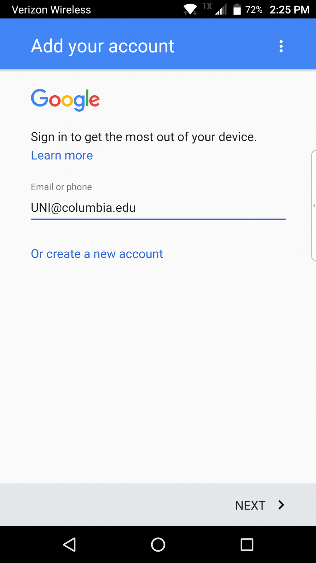 uni@columbia.edu entered into email field