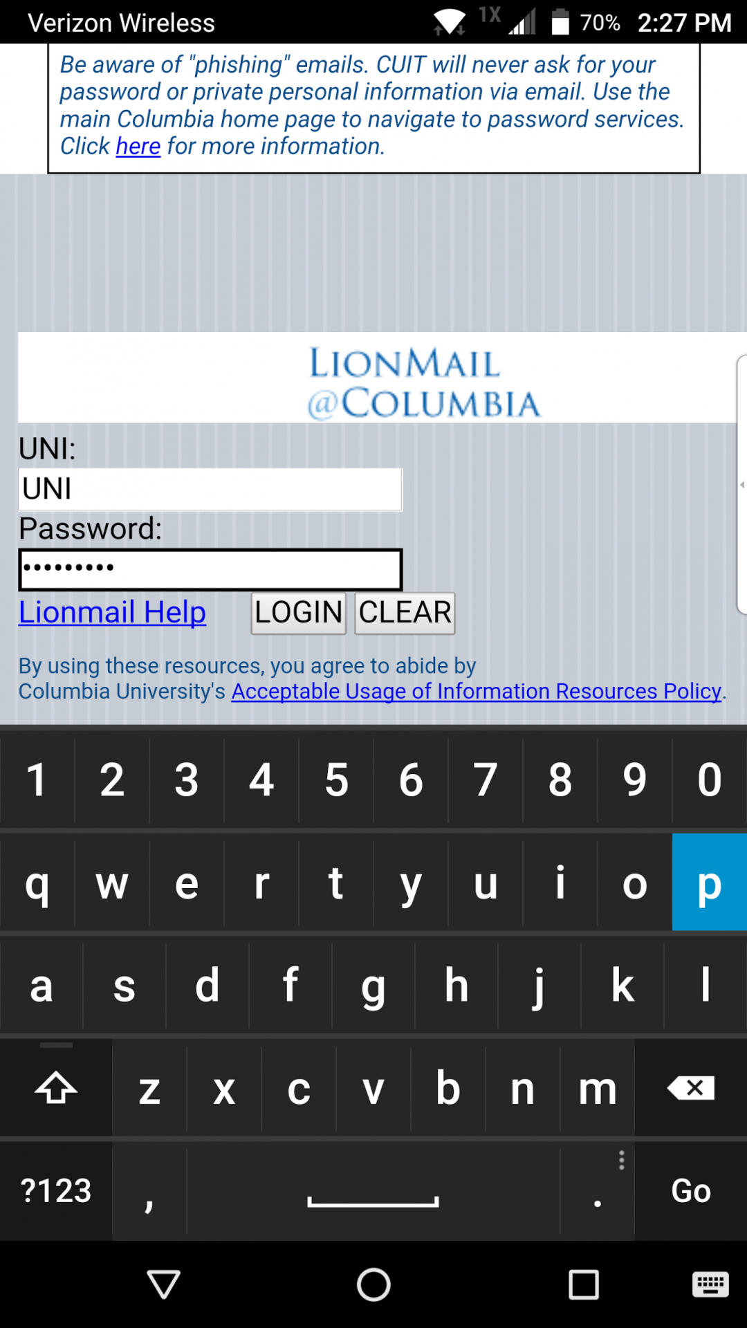 uni and password entered into LionMail log in