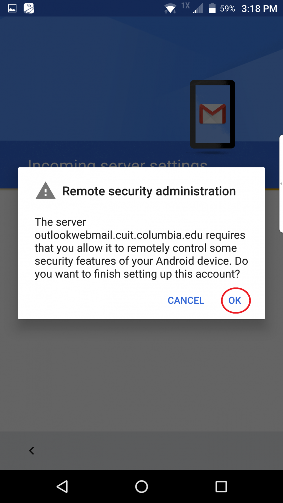 Remote security administration pop-up with OK circled
