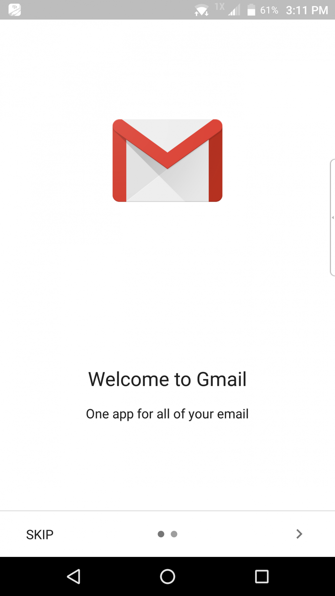 New in Gmail screen with Skip button