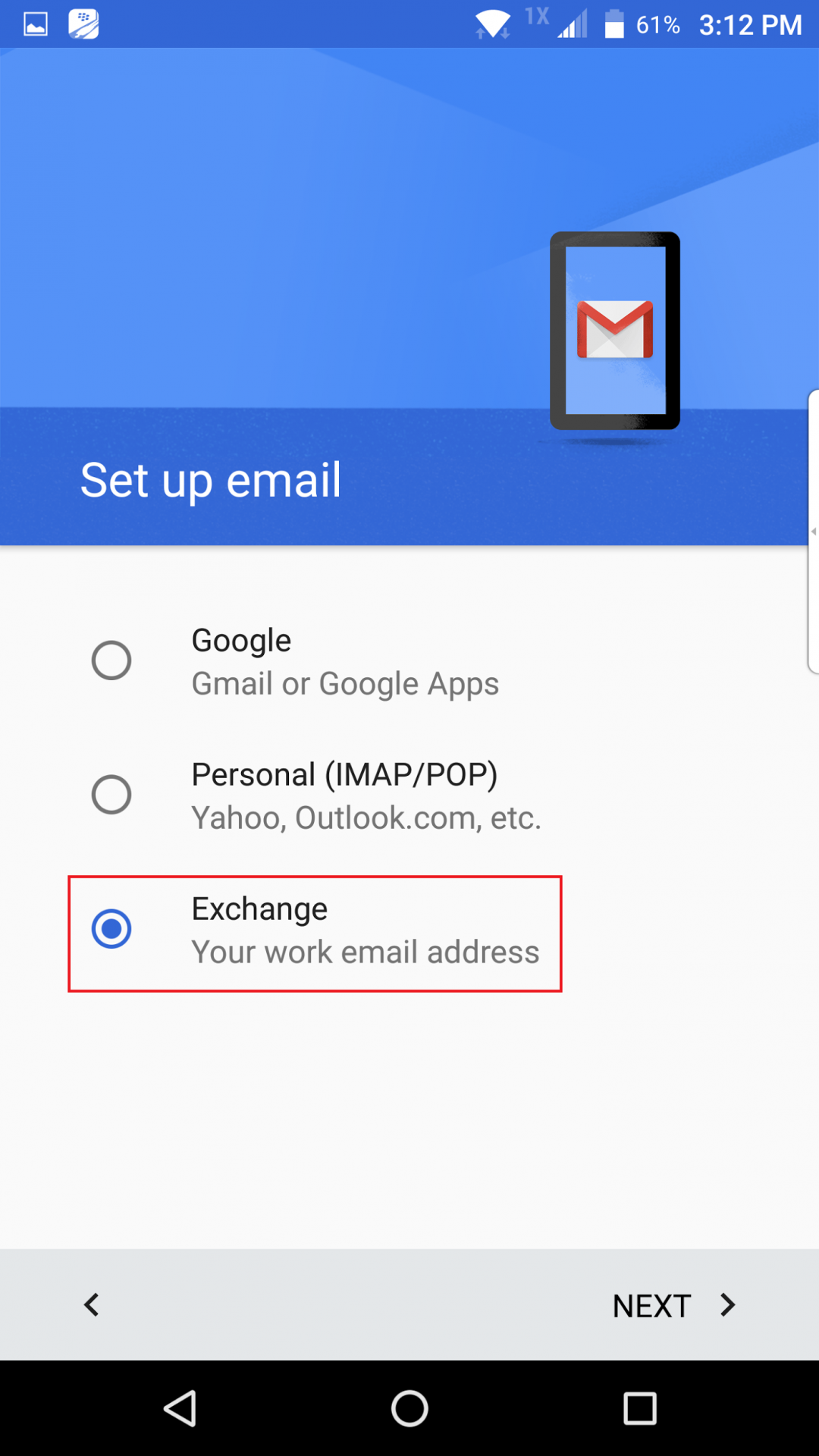 Set up email screen with Exchange option circled