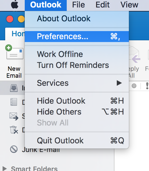 Outlook menu item selected, with Preferences  item selected