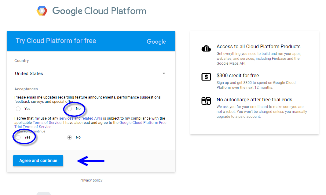 Try Cloud Platform for free window with No, then Yes, circled