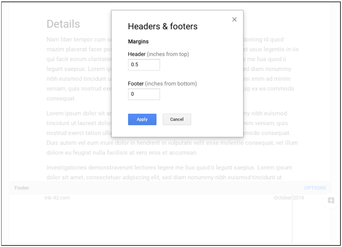 Headers and footers controls in Google Docs
