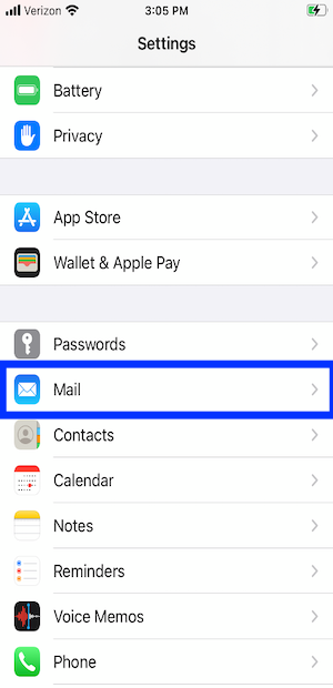 iPhone Settings screen with the Mail menu option circled, 6th option from the top