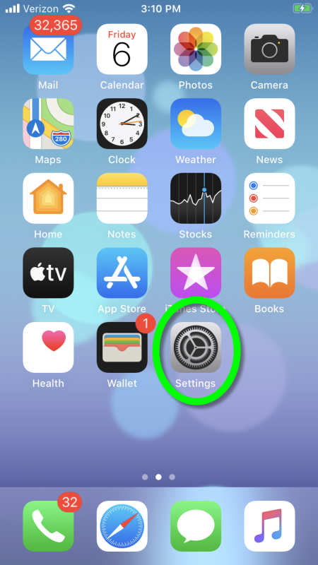 Screenshot of iPhone home screen with Settings application circled.