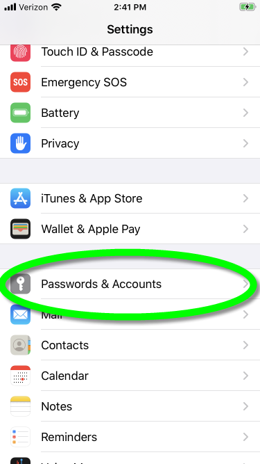 Settings screen, Passwords & Accounts circled.