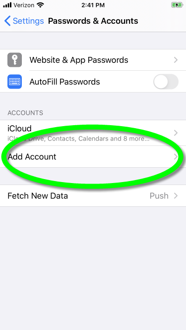 Passwords & Accounts screen, "Add Account" circled.