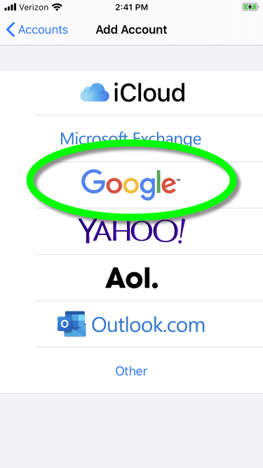 Add Account screen, Google circled.