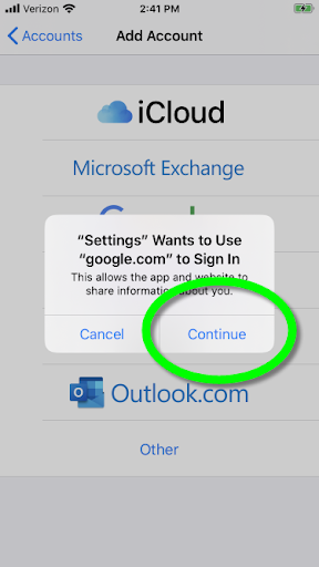 Add account screen with pop-up box which says: "Settings" wants to use "google.com" to sign-in"; Continue option highlighted.
