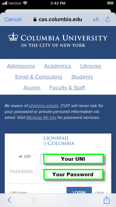 Login screen with UNI and Password fields highlighted.