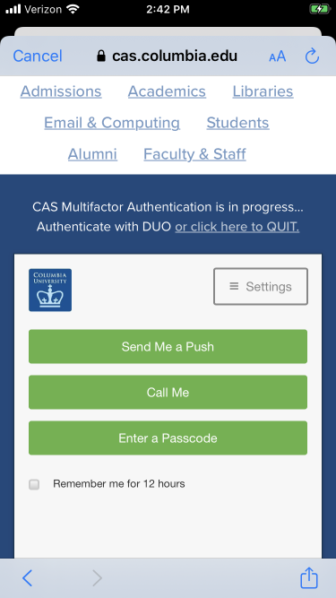 Multifactor Authentication screen open with options "Send Me a Push", "Call Me", "Enter a Passcode" from DUO.