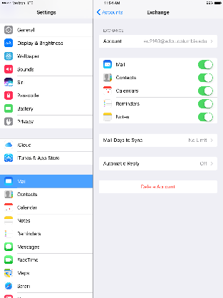 Settings screen, Mail option selected, Exchange recap at right