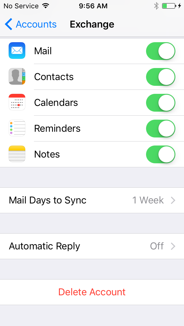 Exchange screen with Mail Days to Sync menu option halfway down the page