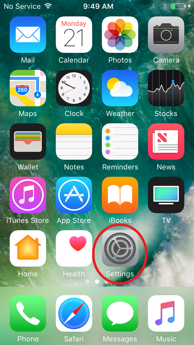 iPhone home screen, Settings icon circled