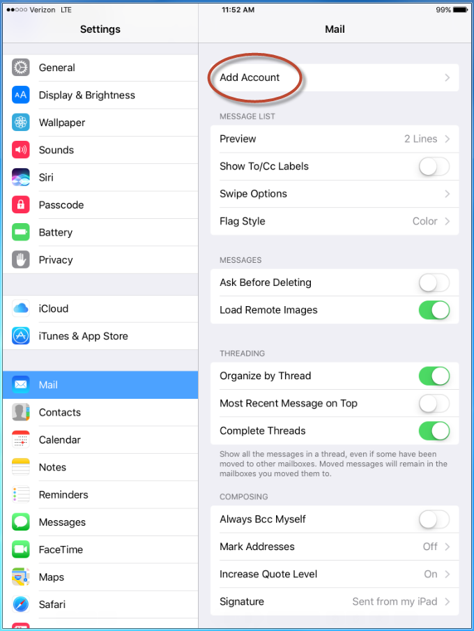 Settings screen, Mail option selected, Add Account option circled
