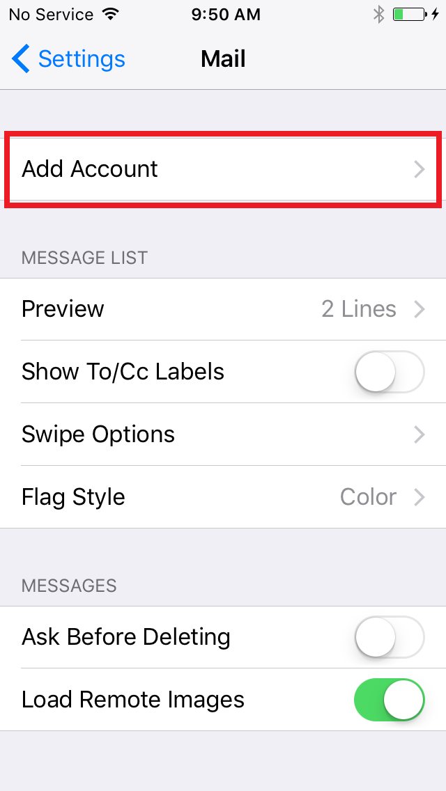 Mail screen, Add Account button circled