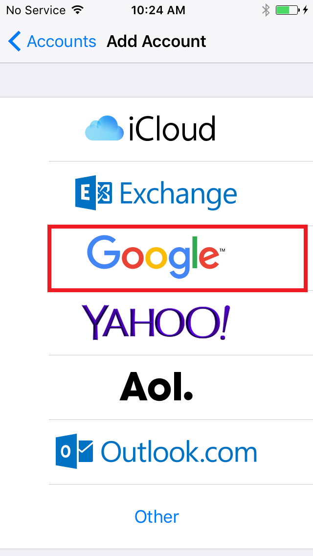 Add Account screen, Google option circled