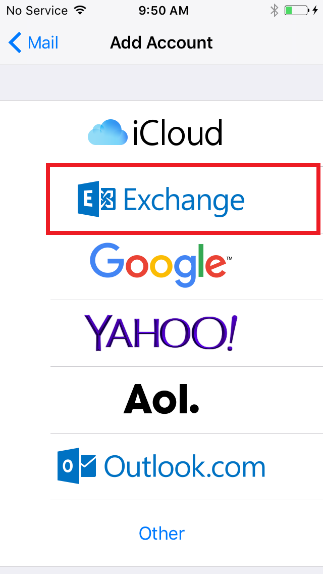 Microsoft Exchange option circled