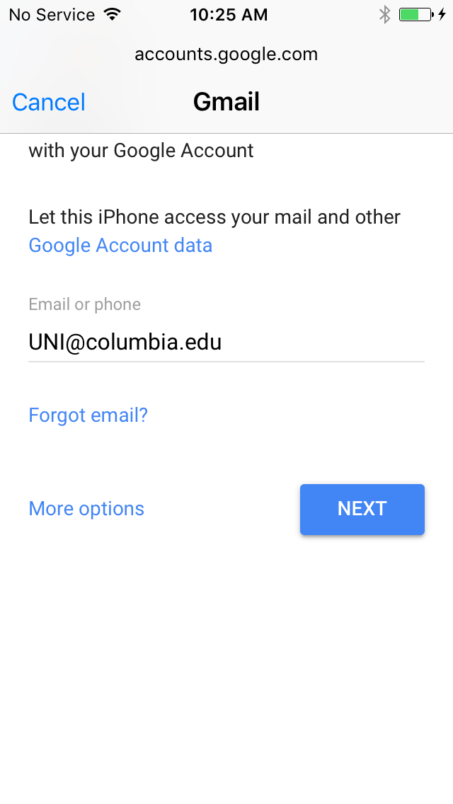 Gmail screen with uni@columbia.edu entered in Email or phone field