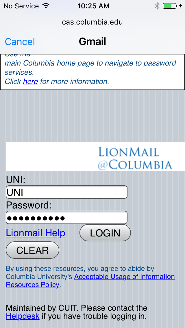 Lionmail @ Columbia login screen with UNI and password entered