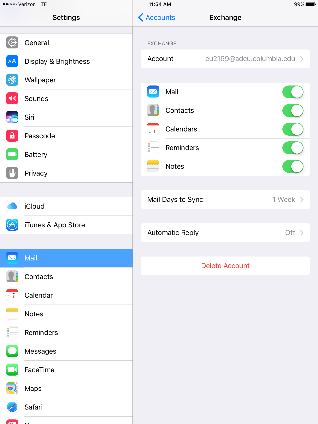 Settings screen, Mail option selected