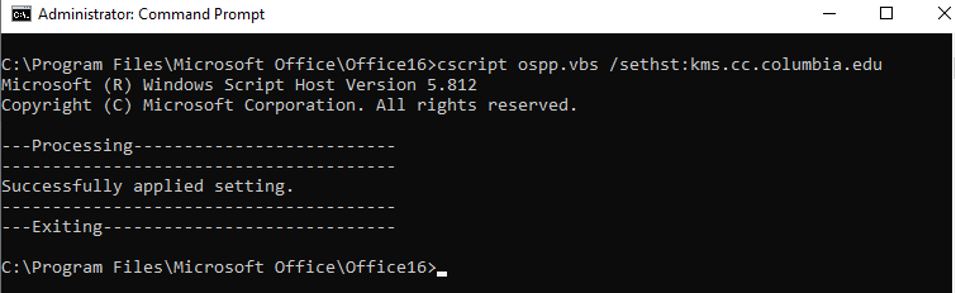 Command Prompt window with commands entered: cd "C:\Program Files\Microsoft Office\Office16"  cscript ospp.vbs /sethst:kms.cc.columbia.edu  cscript ospp.vbs /act