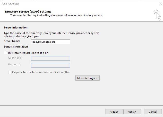 Enter ldap.columbia.edu as the Server Name and then choose More Settings Enter ldap.columbia.edu as the Server Name and then choose More Settings
