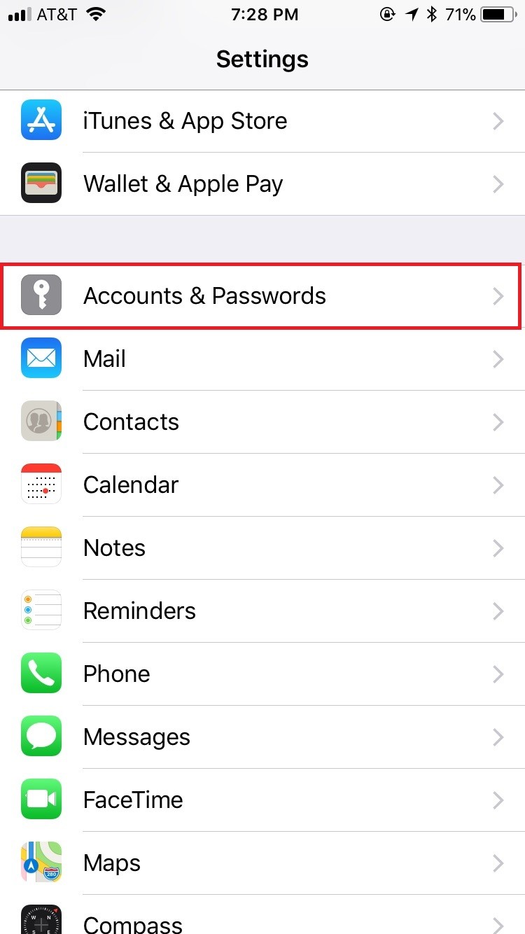 Settings screen, Accounts & Passwords circled