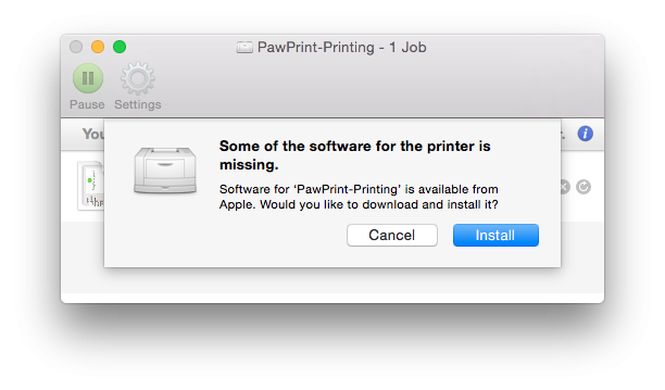 Some of the software for the printer is missing pop-up: click Install