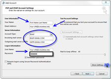 POP and IMAP Account Settings window with information from step 4 completed