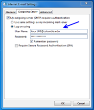 Internet E-mail Settings window, Outgoing Server tab, with information from Step 5 completed