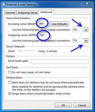 Internet E-mail Settings window, Advanced tab, with information from Step 6 completed