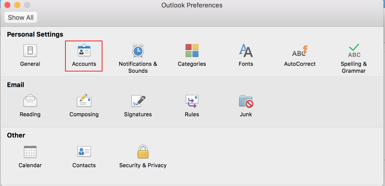 Accounts icon selected under Personal Settings in Outlook Preferences window