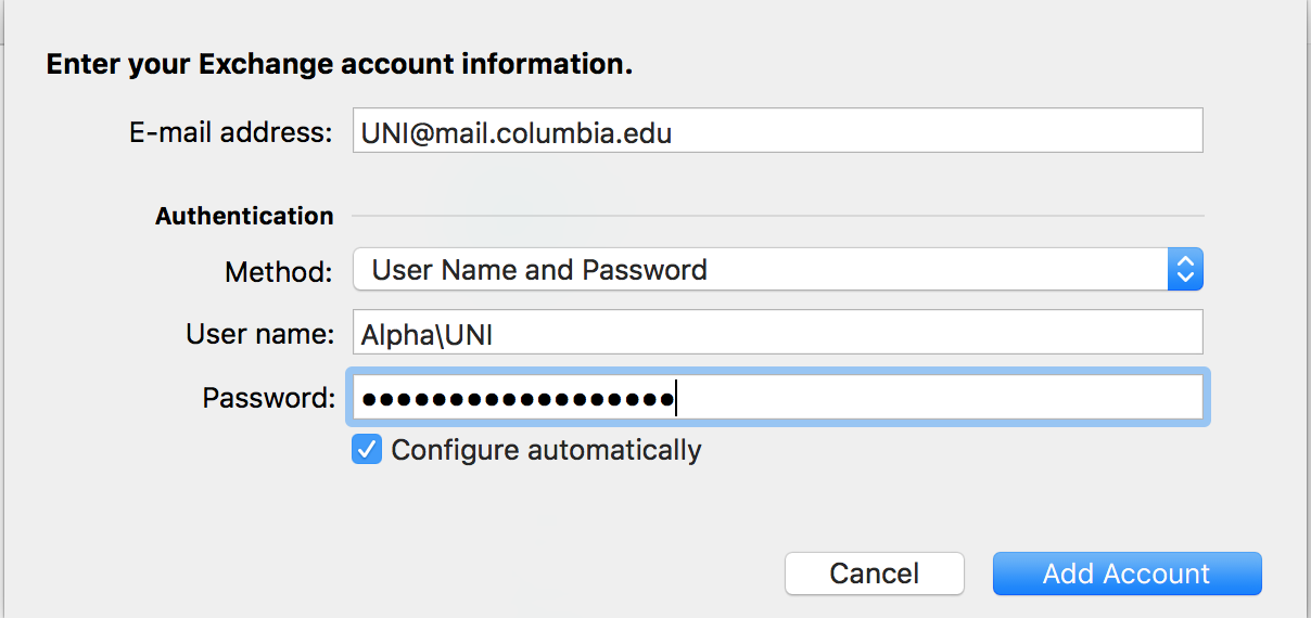 E-mail address, User name, and password fields completed, configure automatically box checked