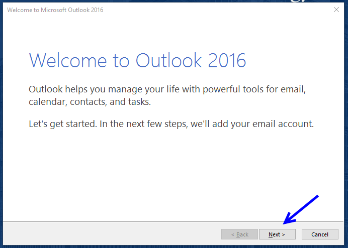 Next button highlighted on Welcome to Outlook 2016 screen