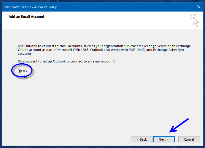 Microsoft Outlook Account Setup screen: Yes option circled and next button highlighted
