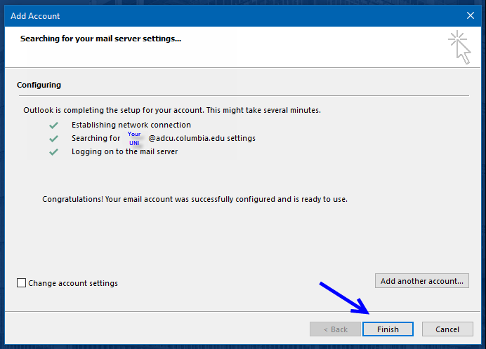 add account scree with Finish button highlighted