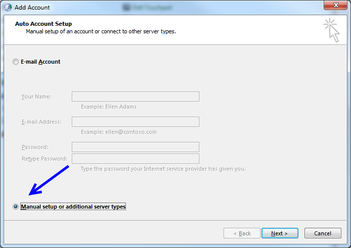 Add Account screen with bottom option "Manual setup or additional server types" selected