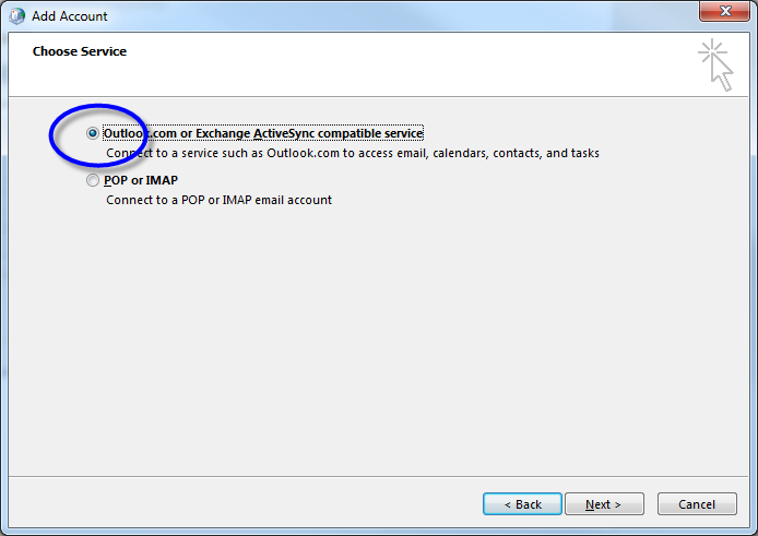 Choose Service screen with top option, "Outlook.com or Exchange ActiveSync compatible service" selected